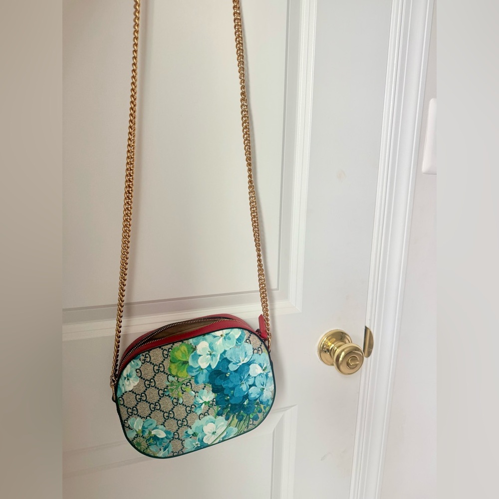 Gucci Floral Crossbody Bag - Blue and Green with Gold Chain